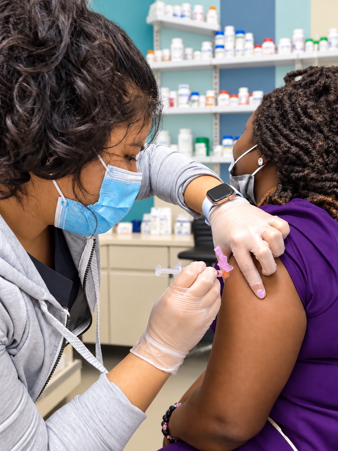 Un profesional de salud administra una vacuna en el brazo de una paciente