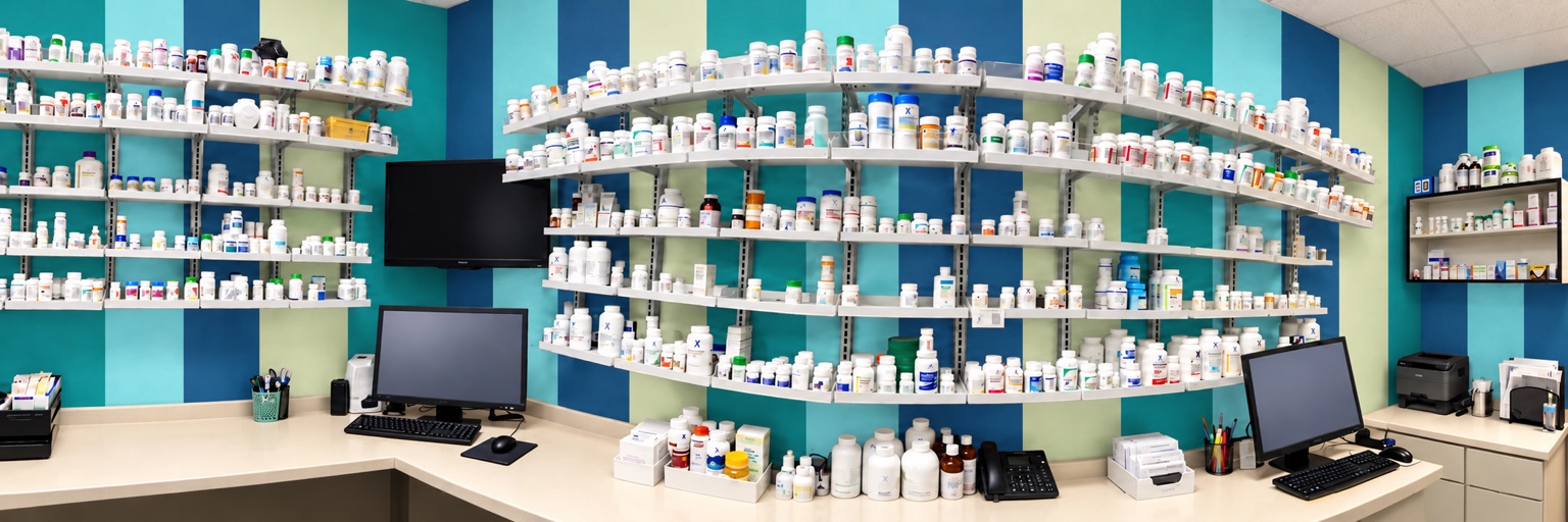 Shelves of pharmacy products inside the pharmacy
